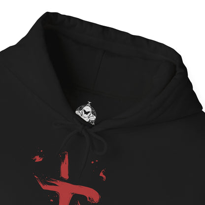 Folded Hooded Sweatshirt of the Doom Slayer standing victorious over fallen demons in a gothic battlefield, his armor scarred and glowing with hellish energy. Massive weapons and medieval siege ruins surround him as flames rise into a storm-filled sky. The composition emphasizes power, brutality, and the primal war between humanity and Hell reimagined in a dark age setting.