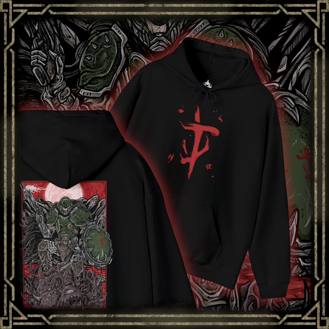 Thumbnail of a Hooded Sweatshirt of the Doom Slayer standing victorious over fallen demons in a gothic battlefield, his armor scarred and glowing with hellish energy. Massive weapons and medieval siege ruins surround him as flames rise into a storm-filled sky. The composition emphasizes power, brutality, and the primal war between humanity and Hell reimagined in a dark age setting.
