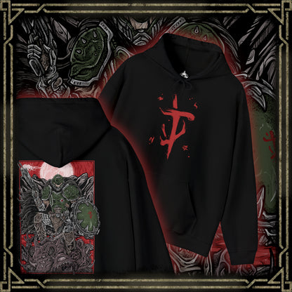 Thumbnail of a Hooded Sweatshirt of the Doom Slayer standing victorious over fallen demons in a gothic battlefield, his armor scarred and glowing with hellish energy. Massive weapons and medieval siege ruins surround him as flames rise into a storm-filled sky. The composition emphasizes power, brutality, and the primal war between humanity and Hell reimagined in a dark age setting.