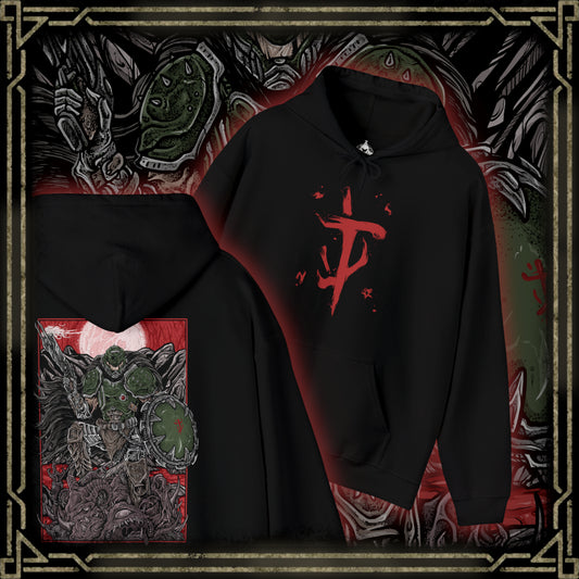Thumbnail of a Hooded Sweatshirt of the Doom Slayer standing victorious over fallen demons in a gothic battlefield, his armor scarred and glowing with hellish energy. Massive weapons and medieval siege ruins surround him as flames rise into a storm-filled sky. The composition emphasizes power, brutality, and the primal war between humanity and Hell reimagined in a dark age setting.