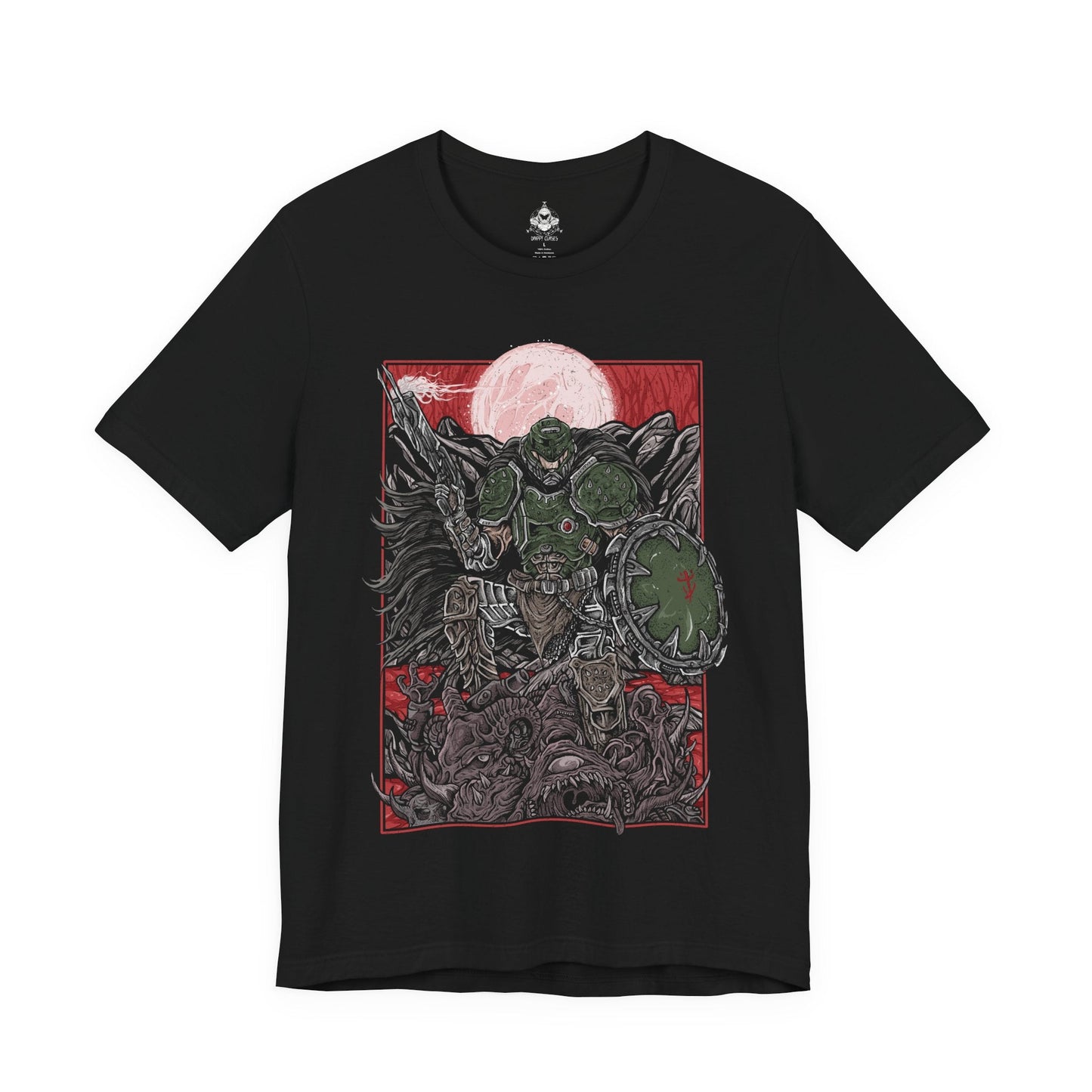 Image 4 of a T-shirt design of the Doom Slayer from DOOM: The Dark Ages, clad in brutal medieval armor as he stands amid a battlefield of demons and shattered stone. A massive shield and weapon glow with infernal energy while hellfire erupts around him. The design captures the fusion of dark fantasy and sci-fi, showcasing the Slayer as an unstoppable force against demonic hordes.