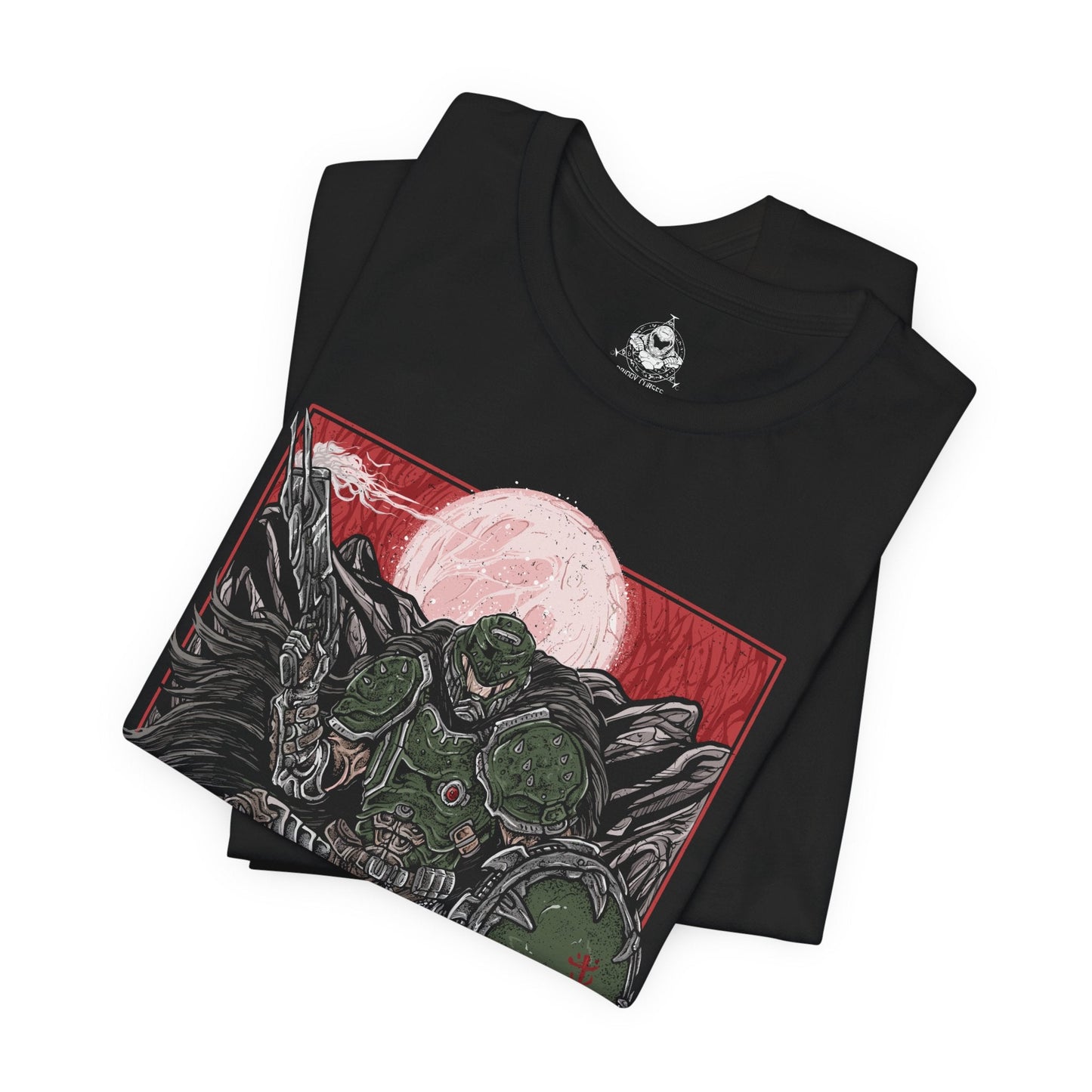 Image 5 of a T-shirt design of the Doom Slayer from DOOM: The Dark Ages, clad in brutal medieval armor as he stands amid a battlefield of demons and shattered stone. A massive shield and weapon glow with infernal energy while hellfire erupts around him. The design captures the fusion of dark fantasy and sci-fi, showcasing the Slayer as an unstoppable force against demonic hordes.