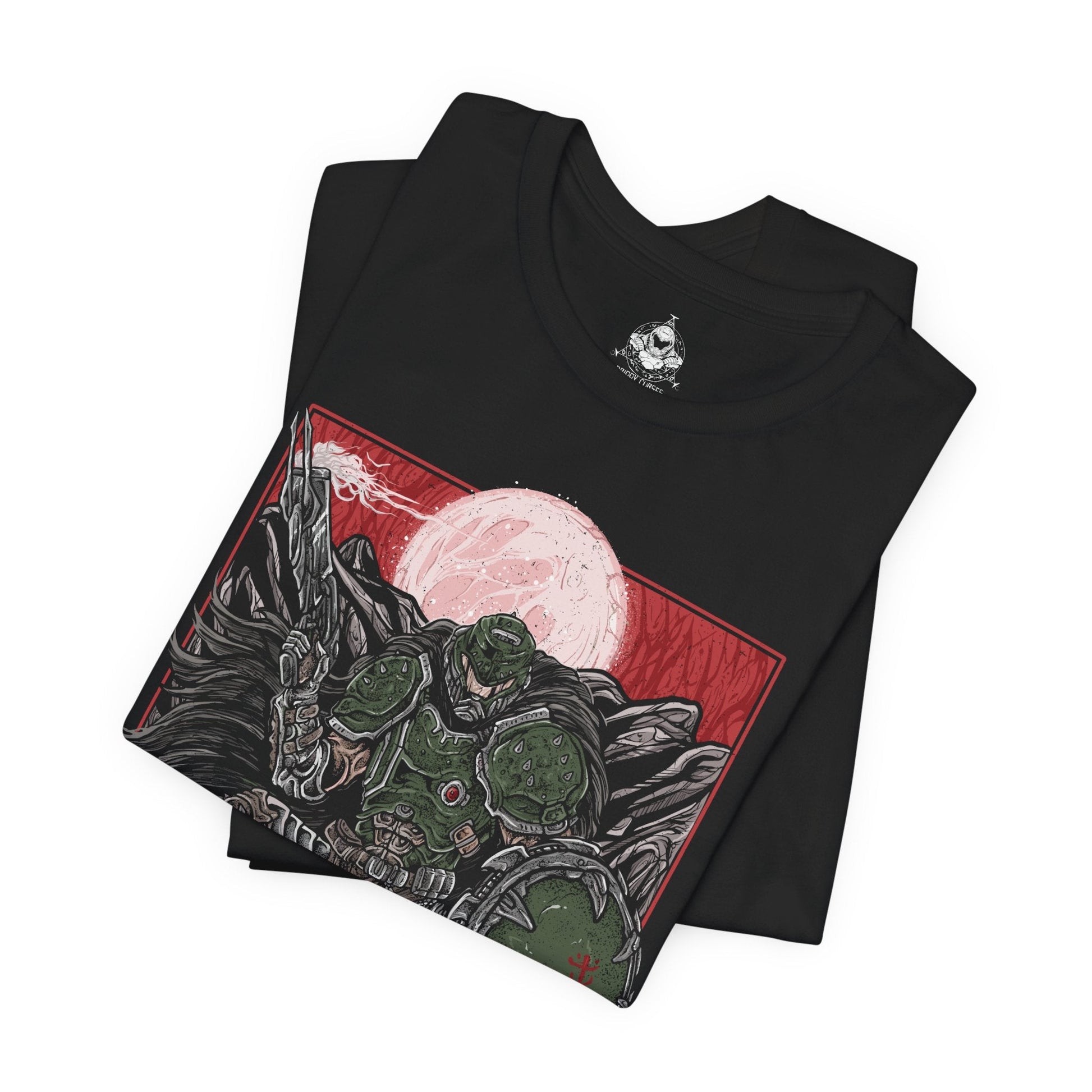 Image 5 of a T-shirt design of the Doom Slayer from DOOM: The Dark Ages, clad in brutal medieval armor as he stands amid a battlefield of demons and shattered stone. A massive shield and weapon glow with infernal energy while hellfire erupts around him. The design captures the fusion of dark fantasy and sci-fi, showcasing the Slayer as an unstoppable force against demonic hordes.