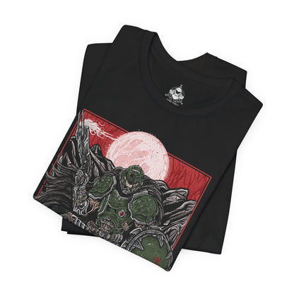Image 5 of a T-shirt design of the Doom Slayer from DOOM: The Dark Ages, clad in brutal medieval armor as he stands amid a battlefield of demons and shattered stone. A massive shield and weapon glow with infernal energy while hellfire erupts around him. The design captures the fusion of dark fantasy and sci-fi, showcasing the Slayer as an unstoppable force against demonic hordes.