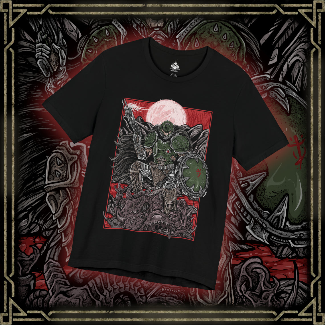Thumbnail of a T-shirt design of the Doom Slayer from DOOM: The Dark Ages, clad in brutal medieval armor as he stands amid a battlefield of demons and shattered stone. A massive shield and weapon glow with infernal energy while hellfire erupts around him. The design captures the fusion of dark fantasy and sci-fi, showcasing the Slayer as an unstoppable force against demonic hordes.