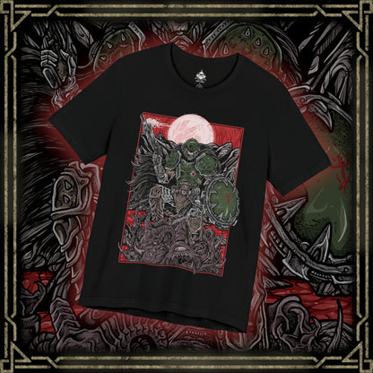 Thumbnail of a T-shirt design of the Doom Slayer from DOOM: The Dark Ages, clad in brutal medieval armor as he stands amid a battlefield of demons and shattered stone. A massive shield and weapon glow with infernal energy while hellfire erupts around him. The design captures the fusion of dark fantasy and sci-fi, showcasing the Slayer as an unstoppable force against demonic hordes.