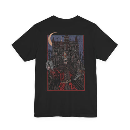Image 4 of a T-shirt featuring Vlad the Impaler, the historical figure who inspired the Dracula legend. Known for his ruthless tactics and fearsome rule over Wallachia, Vlad III stands with blood-soaked armor and a gaze of vengeance. This design channels the dark legend of the 15th-century warlord who impaled his enemies to instill terror.