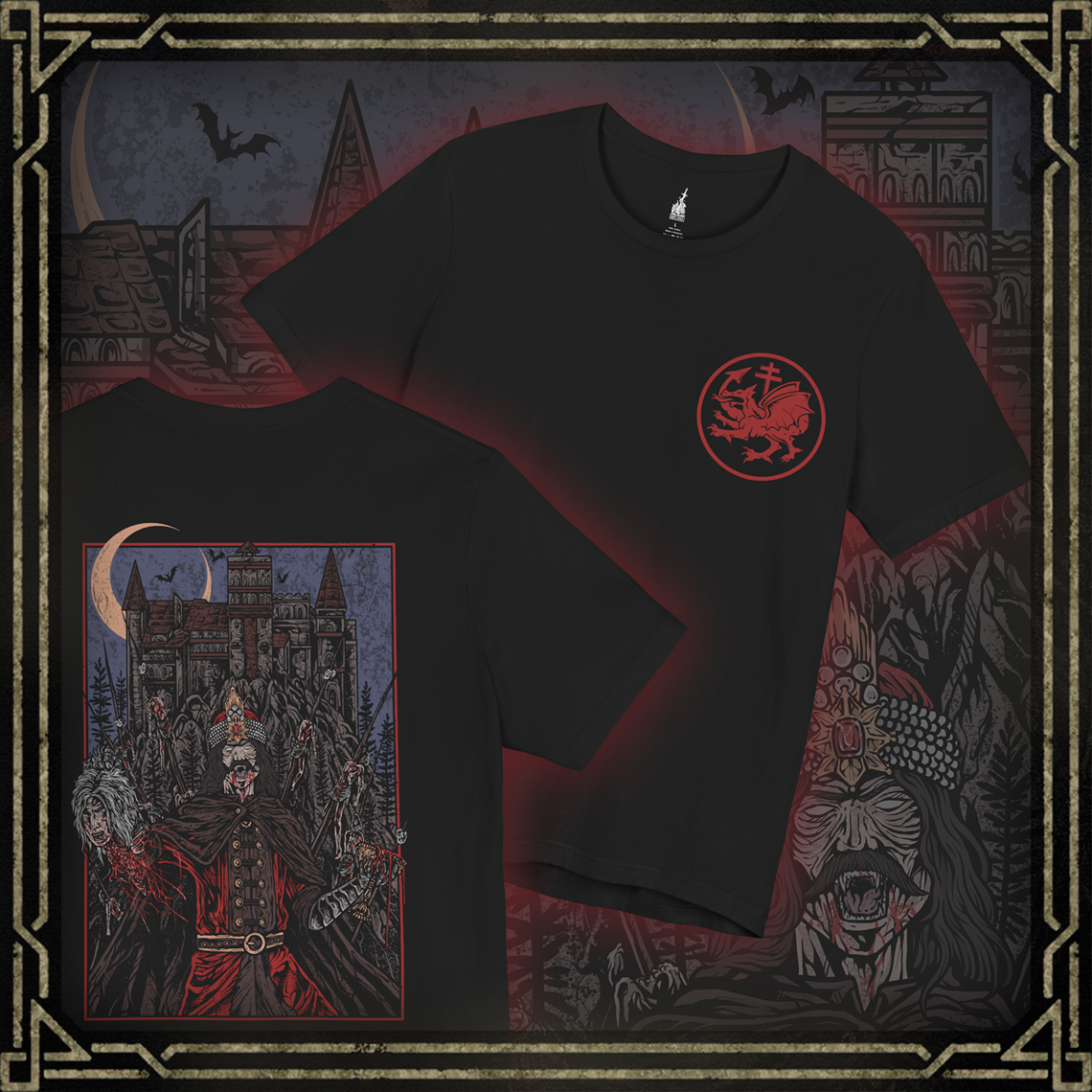 Thumbnail of a T-shirt featuring Vlad the Impaler, the historical figure who inspired the Dracula legend. Known for his ruthless tactics and fearsome rule over Wallachia, Vlad III stands with blood-soaked armor and a gaze of vengeance. This design channels the dark legend of the 15th-century warlord who impaled his enemies to instill terror.