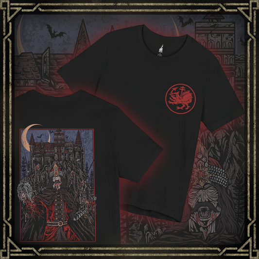 Thumbnail of a T-shirt featuring Vlad the Impaler, the historical figure who inspired the Dracula legend. Known for his ruthless tactics and fearsome rule over Wallachia, Vlad III stands with blood-soaked armor and a gaze of vengeance. This design channels the dark legend of the 15th-century warlord who impaled his enemies to instill terror.