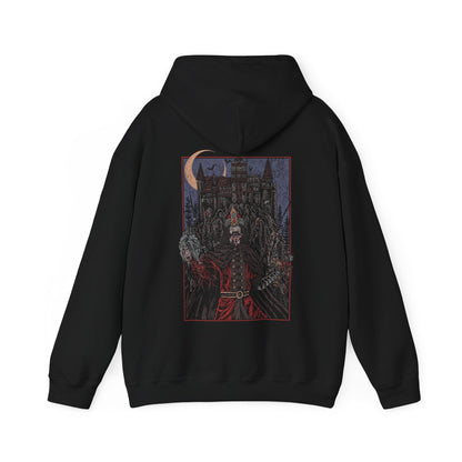 Image 4 of a Vlad the Impaler Hooded Sweatshirt portraying the infamous prince of Wallachia who ruled with an iron fist and unrelenting cruelty. With a spiked battlefield behind him and a crown of iron, Vlad’s legacy is one of terror, justice, and blood. This design honors the grim legend that gave rise to centuries of vampire lore.