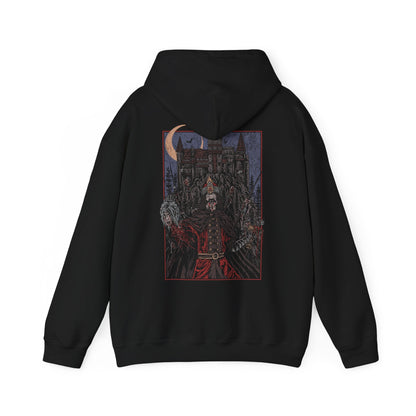 Image 5 of a Vlad the Impaler Hooded Sweatshirt portraying the infamous prince of Wallachia who ruled with an iron fist and unrelenting cruelty. With a spiked battlefield behind him and a crown of iron, Vlad’s legacy is one of terror, justice, and blood. This design honors the grim legend that gave rise to centuries of vampire lore.