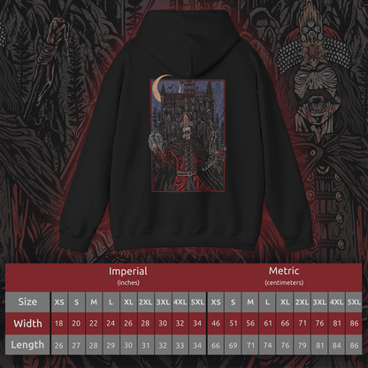Size chart of a Vlad the Impaler Hooded Sweatshirt portraying the infamous prince of Wallachia who ruled with an iron fist and unrelenting cruelty. With a spiked battlefield behind him and a crown of iron, Vlad’s legacy is one of terror, justice, and blood. This design honors the grim legend that gave rise to centuries of vampire lore.
