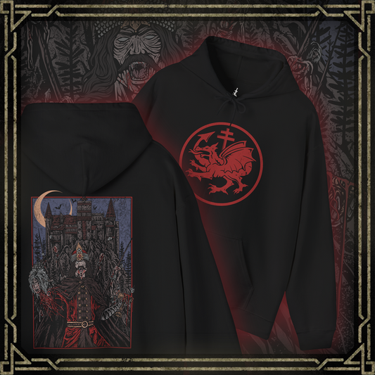 Thumbnail of a Vlad the Impaler Hooded Sweatshirt portraying the infamous prince of Wallachia who ruled with an iron fist and unrelenting cruelty. With a spiked battlefield behind him and a crown of iron, Vlad’s legacy is one of terror, justice, and blood. This design honors the grim legend that gave rise to centuries of vampire lore.
