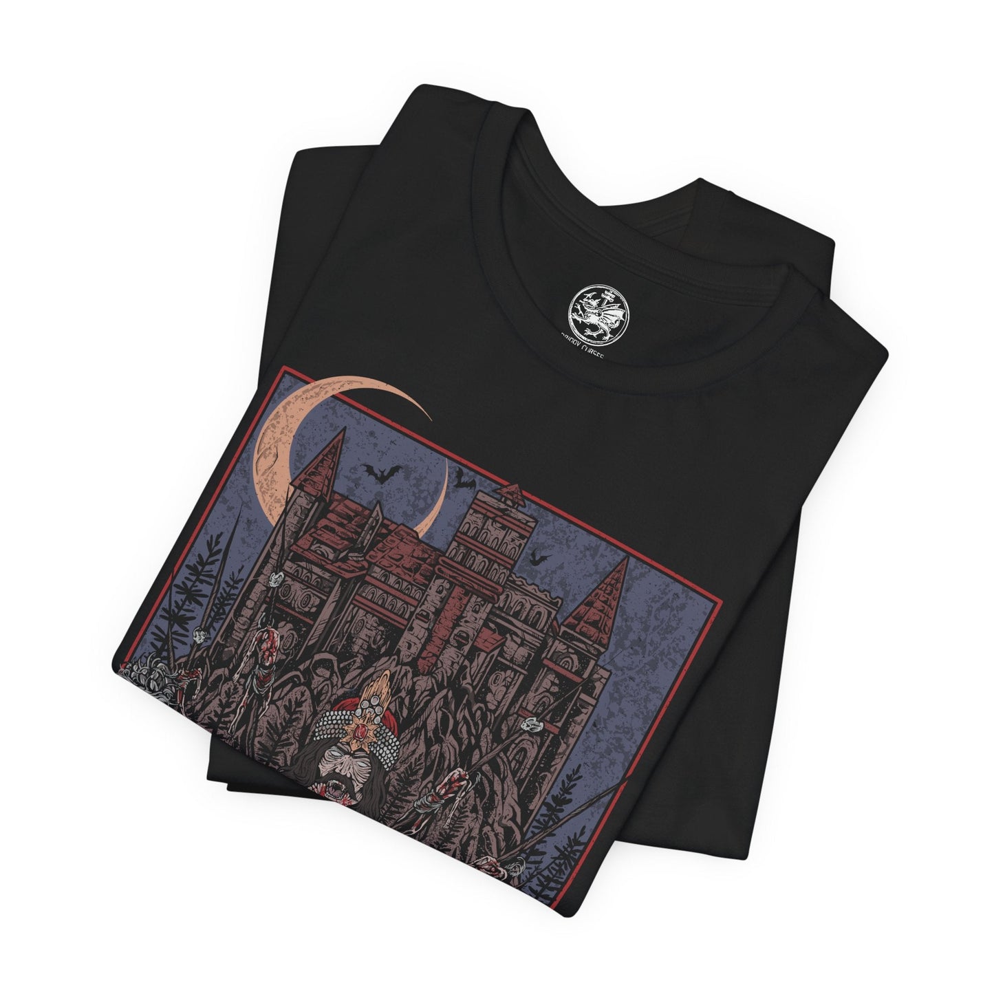 Image 5 of a T-shirt showcasing Vlad the Impaler, also known as Vlad Dracula, the fearsome Wallachian prince whose brutal methods made him a figure of horror and myth. Cloaked in medieval armor and set against a backdrop of gothic towers and burning skies, this artwork captures the eerie power of the original vampire legend.