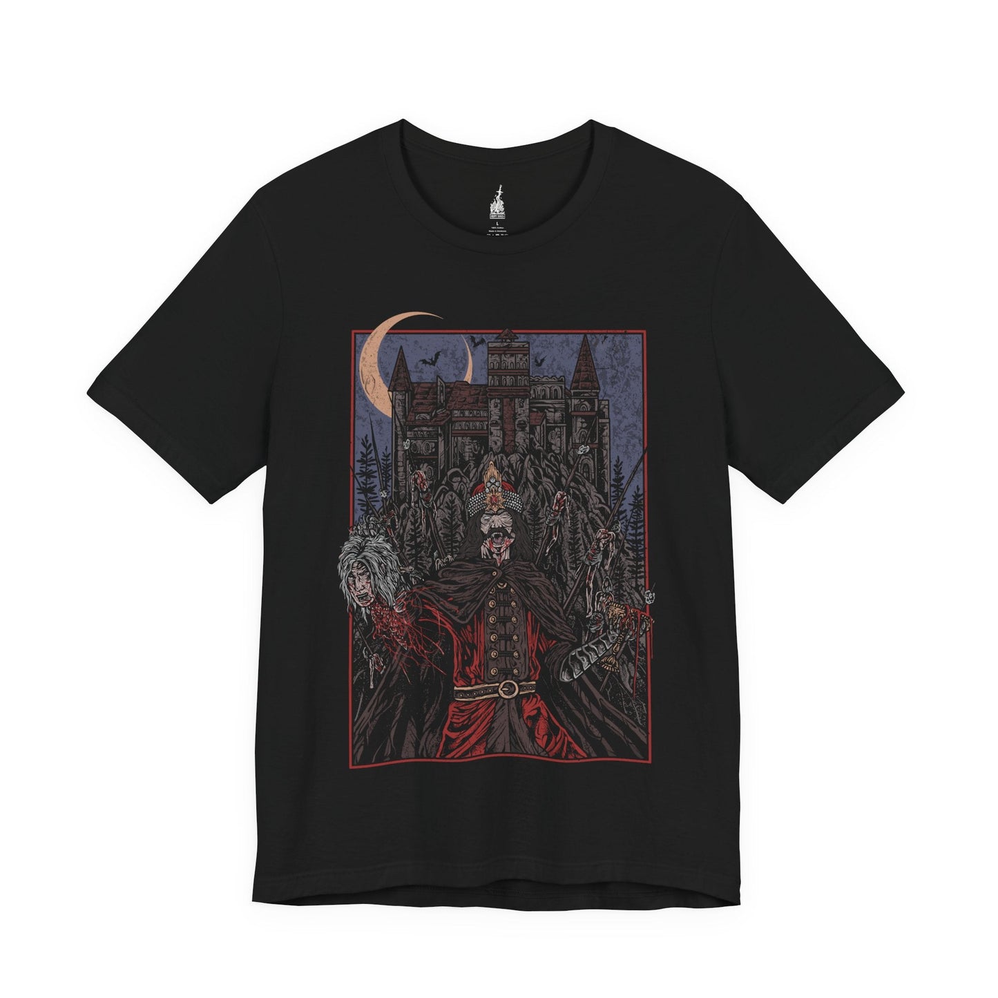 Image 3 of a Black T-shirt showcasing Vlad the Impaler, also known as Vlad Dracula, the fearsome Wallachian prince whose brutal methods made him a figure of horror and myth. Cloaked in medieval armor and set against a backdrop of gothic towers and burning skies, this artwork captures the eerie power of the original vampire legend.
