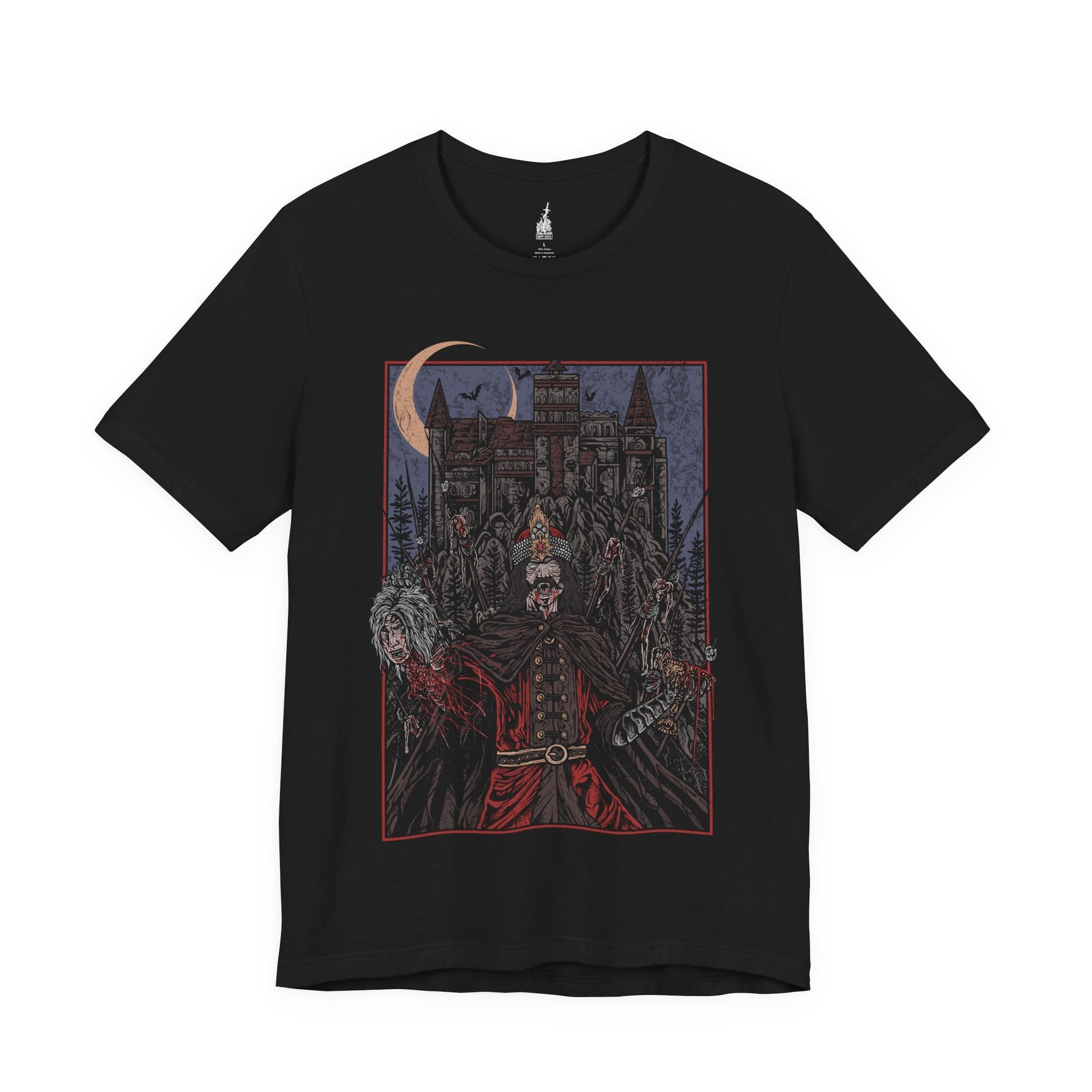 Image 3 of a Black T-shirt showcasing Vlad the Impaler, also known as Vlad Dracula, the fearsome Wallachian prince whose brutal methods made him a figure of horror and myth. Cloaked in medieval armor and set against a backdrop of gothic towers and burning skies, this artwork captures the eerie power of the original vampire legend.