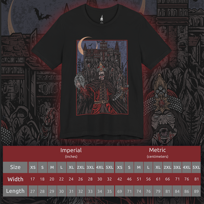 Size chart of a T-shirt showcasing Vlad the Impaler, also known as Vlad Dracula, the fearsome Wallachian prince whose brutal methods made him a figure of horror and myth. Cloaked in medieval armor and set against a backdrop of gothic towers and burning skies, this artwork captures the eerie power of the original vampire legend.