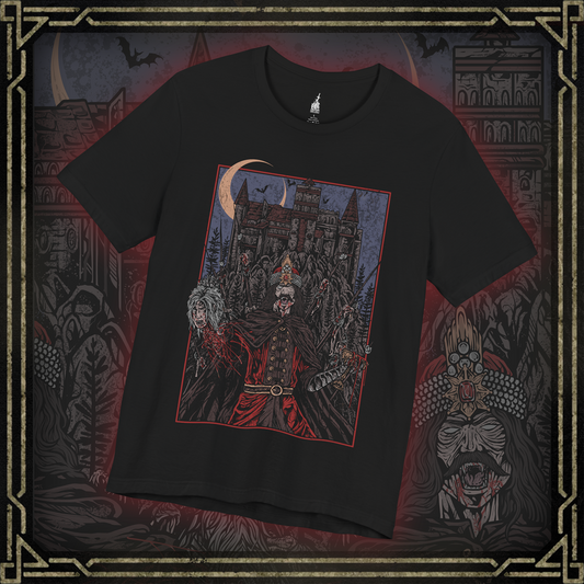 Thumbnail of a T-shirt showcasing Vlad the Impaler, also known as Vlad Dracula, the fearsome Wallachian prince whose brutal methods made him a figure of horror and myth. Cloaked in medieval armor and set against a backdrop of gothic towers and burning skies, this artwork captures the eerie power of the original vampire legend.
