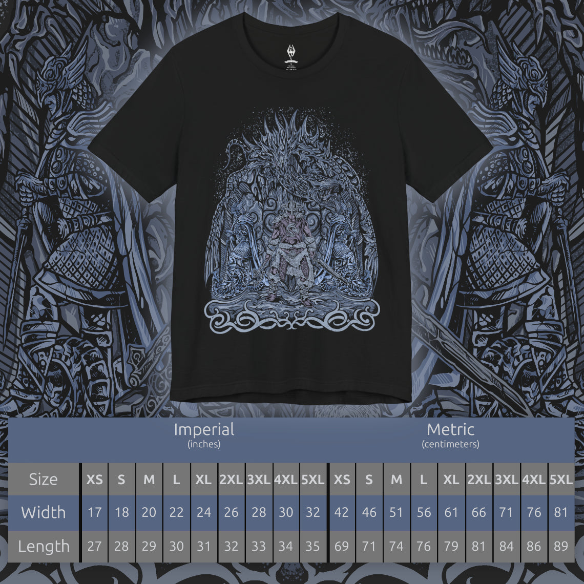 Size chart of a Skyrim T-shirt showcasing the Dovahkiin, the Dragonborn warrior chosen by the gods to absorb dragon souls and wield their power. Clad in ancient Nordic armor and armed with the power of Shouts, they embody courage and fate intertwined. This artwork reflects the spirit of adventure and defiance that defines the hero of Skyrim.