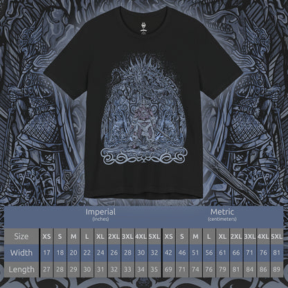 Size chart of a Skyrim T-shirt showcasing the Dovahkiin, the Dragonborn warrior chosen by the gods to absorb dragon souls and wield their power. Clad in ancient Nordic armor and armed with the power of Shouts, they embody courage and fate intertwined. This artwork reflects the spirit of adventure and defiance that defines the hero of Skyrim.