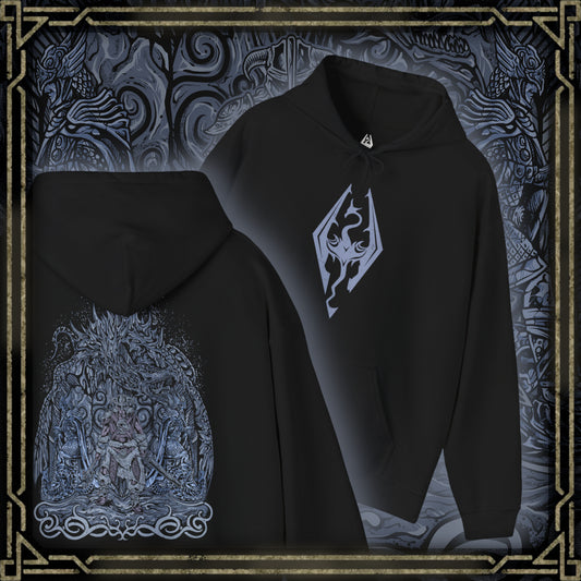 Thumbnail of a Hooded Sweatshirt featuring the Dovahkiin from Skyrim, the mortal born with the soul of a dragon and the voice that shakes mountains. From the peaks of High Hrothgar to the depths of Blackreach, the Dragonborn’s journey shapes the fate of Nirn. This design honors their mythic legacy—where ancient prophecy and raw power collide under the watchful gaze of the dov.