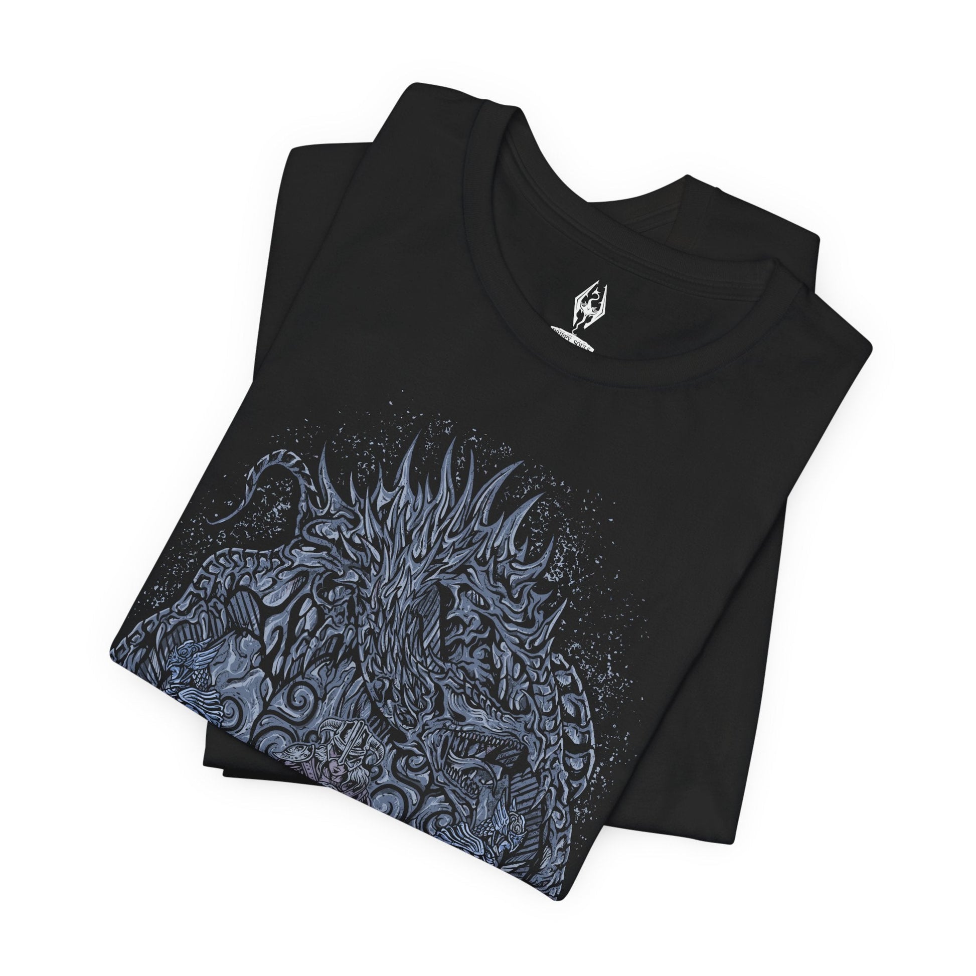 Image 5 of a T-shirt featuring the Dovahkiin from The Elder Scrolls V: Skyrim, the legendary Dragonborn hero blessed with the power of the Thu’um. Wielding the voice of dragons and the strength of destiny, the Dovahkiin stands as the last hope against Alduin the World-Eater. This design captures their iconic horned helm and fierce stance beneath the frozen skies of Tamriel.