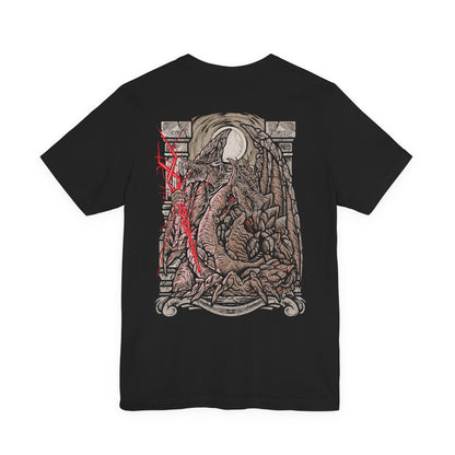 Image 5 of a T-Shirt artwork depicting Dragonlord Placidusax descending from a vortex of crimson storm clouds, unleashing devastating golden lightning across the shattered temples of Farum Azula. Fragments of floating architecture spiral through the air as the ancient dragon spreads his immense wings. This design reflects the power of a ruler who existed before the Erdtree, commanding storms and timeless draconic might.