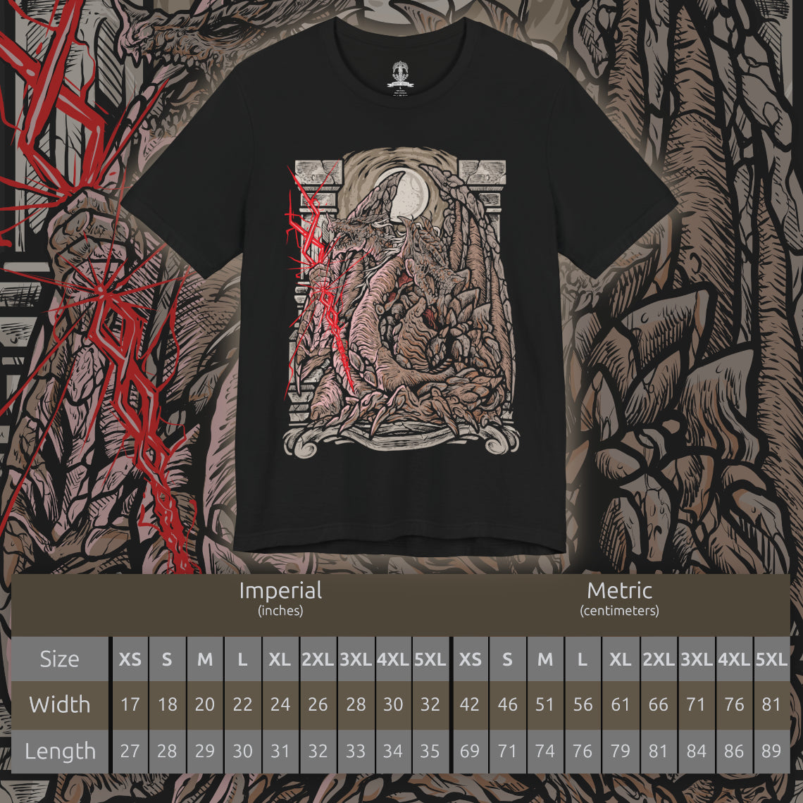 Size chart of a T-Shirt artwork depicting Dragonlord Placidusax descending from a vortex of crimson storm clouds, unleashing devastating golden lightning across the shattered temples of Farum Azula. Fragments of floating architecture spiral through the air as the ancient dragon spreads his immense wings. This design reflects the power of a ruler who existed before the Erdtree, commanding storms and timeless draconic might.