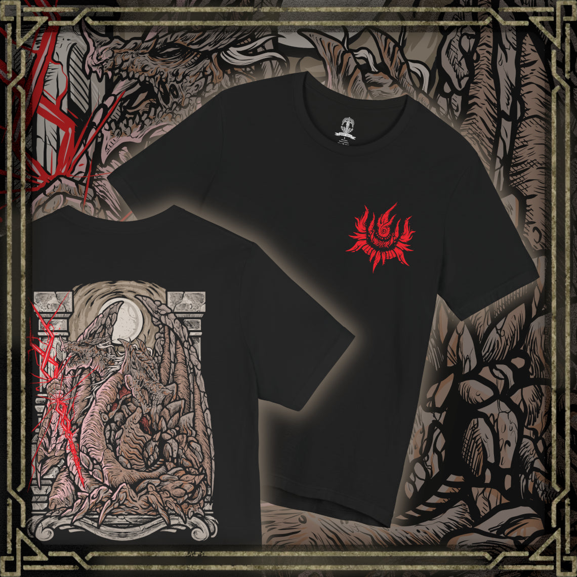 Thumbnail of a T-Shirt artwork depicting Dragonlord Placidusax descending from a vortex of crimson storm clouds, unleashing devastating golden lightning across the shattered temples of Farum Azula. Fragments of floating architecture spiral through the air as the ancient dragon spreads his immense wings. This design reflects the power of a ruler who existed before the Erdtree, commanding storms and timeless draconic might.