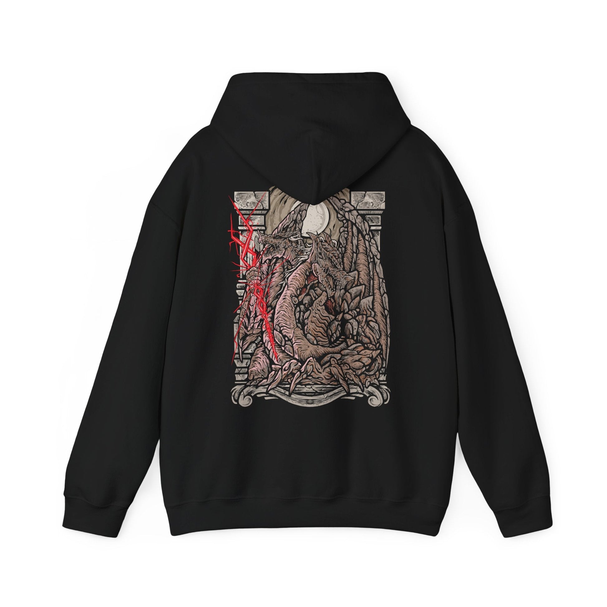 Image 5 of a Hooded Sweatshirt of Dragonlord Placidusax surrounded by swirling temporal energy within the ancient ruins of Farum Azula, his massive body radiating golden lightning as the heavens fracture above him. The floating city crumbles beneath his presence while divine storms illuminate the sky. The composition emphasizes cosmic grandeur, forgotten history, and the overwhelming power of one of Elden Ring's most legendary dragon lords.