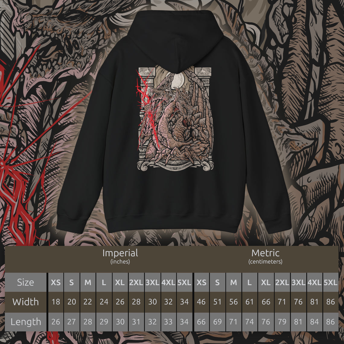 Size chart of a Hooded Sweatshirt of Dragonlord Placidusax surrounded by swirling temporal energy within the ancient ruins of Farum Azula, his massive body radiating golden lightning as the heavens fracture above him. The floating city crumbles beneath his presence while divine storms illuminate the sky. The composition emphasizes cosmic grandeur, forgotten history, and the overwhelming power of one of Elden Ring's most legendary dragon lords.