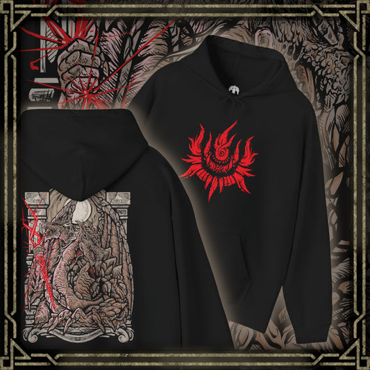 Thumbnail of a Hooded Sweatshirt of Dragonlord Placidusax surrounded by swirling temporal energy within the ancient ruins of Farum Azula, his massive body radiating golden lightning as the heavens fracture above him. The floating city crumbles beneath his presence while divine storms illuminate the sky. The composition emphasizes cosmic grandeur, forgotten history, and the overwhelming power of one of Elden Ring's most legendary dragon lords.