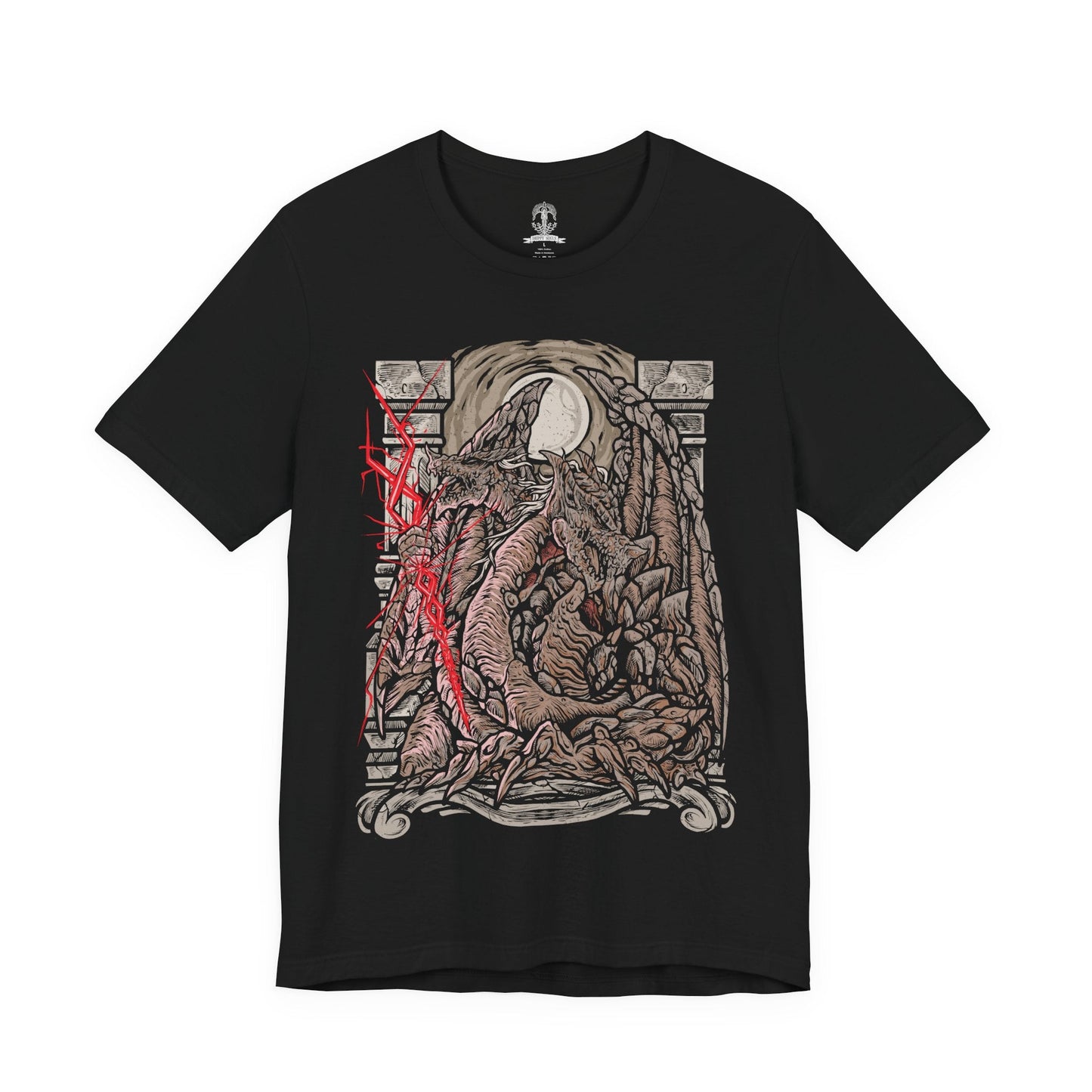 Image 4 of a T-Shirt design of Dragonlord Placidusax from Elden Ring, resting beyond time within the heart of Crumbling Farum Azula as golden lightning tears through the storm-filled sky. His colossal two-headed form coils among floating ruins while ancient scales shimmer with divine power. The design captures the majesty of the first Elden Lord, embodying primordial dragons, forgotten ages, and unmatched authority.
