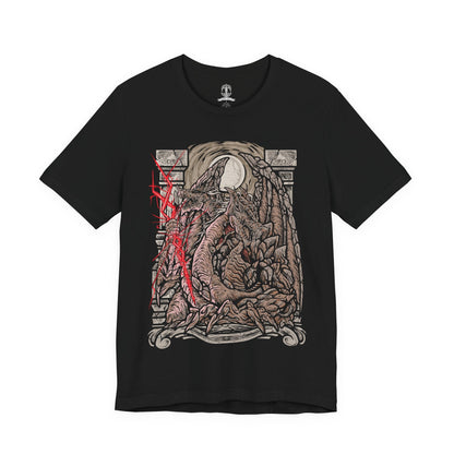 Image 4 of a T-Shirt design of Dragonlord Placidusax from Elden Ring, resting beyond time within the heart of Crumbling Farum Azula as golden lightning tears through the storm-filled sky. His colossal two-headed form coils among floating ruins while ancient scales shimmer with divine power. The design captures the majesty of the first Elden Lord, embodying primordial dragons, forgotten ages, and unmatched authority.