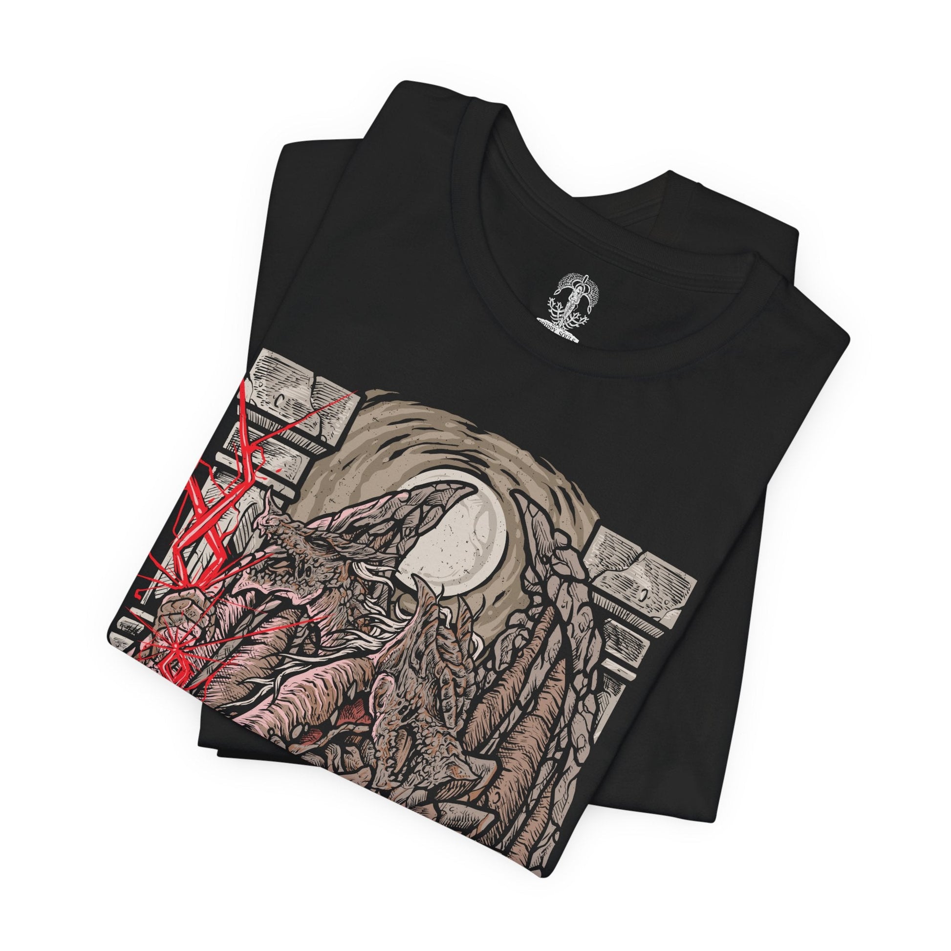 Image 5 of a T-Shirt design of Dragonlord Placidusax from Elden Ring, resting beyond time within the heart of Crumbling Farum Azula as golden lightning tears through the storm-filled sky. His colossal two-headed form coils among floating ruins while ancient scales shimmer with divine power. The design captures the majesty of the first Elden Lord, embodying primordial dragons, forgotten ages, and unmatched authority.