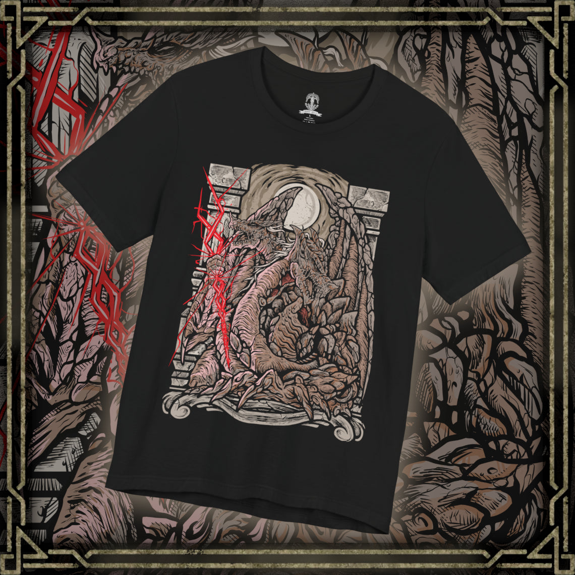Thumbnail of a T-Shirt design of Dragonlord Placidusax from Elden Ring, resting beyond time within the heart of Crumbling Farum Azula as golden lightning tears through the storm-filled sky. His colossal two-headed form coils among floating ruins while ancient scales shimmer with divine power. The design captures the majesty of the first Elden Lord, embodying primordial dragons, forgotten ages, and unmatched authority.