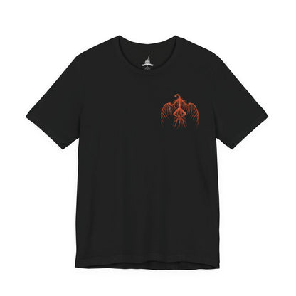 Image 4 of a T-Shirt artwork depicting the Dragonslayer Armour advancing across the bridge before the Grand Archives, its ornate golden armor glowing with divine lightning as shattered stone flies beneath each step. Pilgrim Butterflies hover overhead, unleashing dark projectiles across the battlefield. This design reflects the haunting shell of a forgotten warrior, animated to defend Lothric until the very end of the Age of Fire.