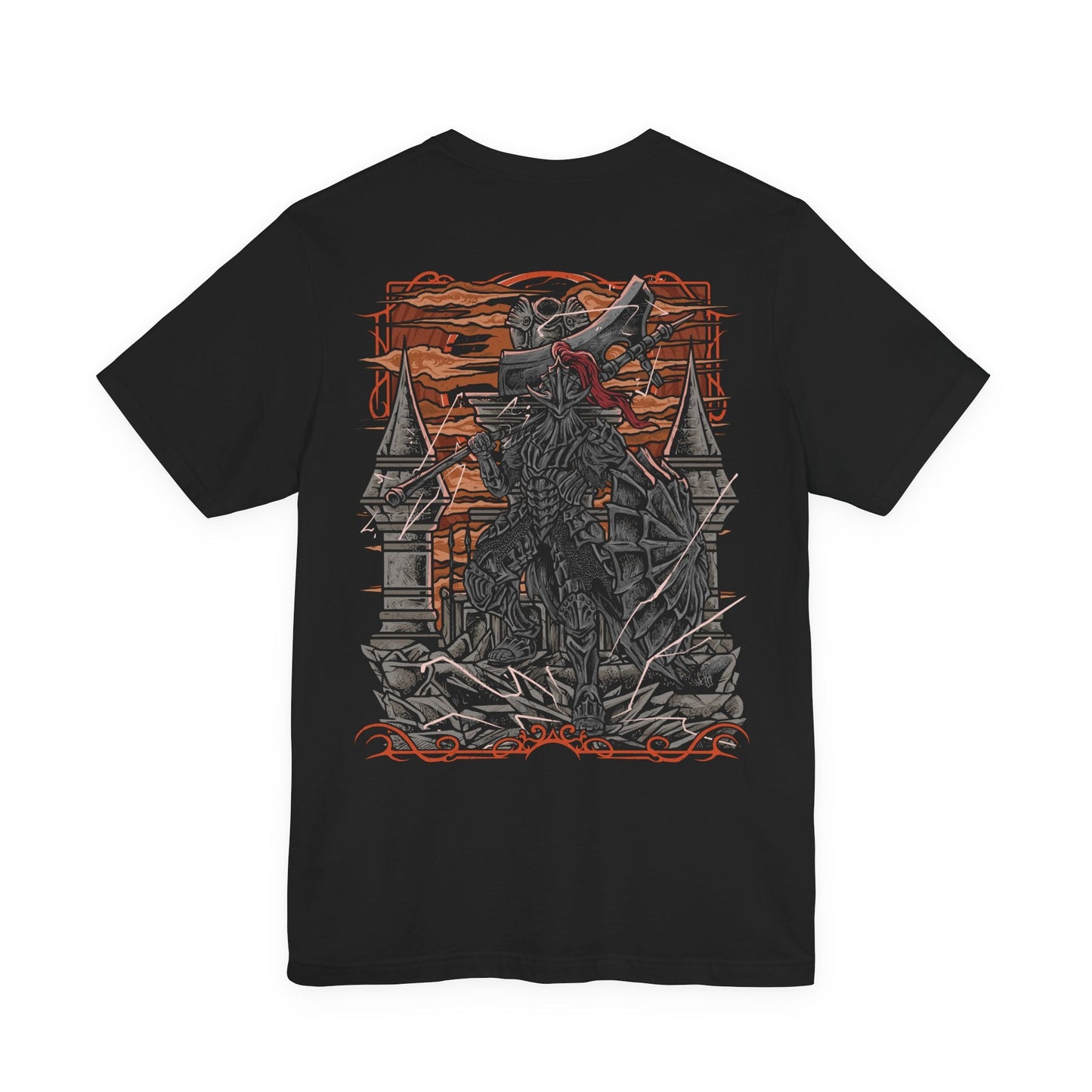 Image 5 of a T-Shirt artwork depicting the Dragonslayer Armour advancing across the bridge before the Grand Archives, its ornate golden armor glowing with divine lightning as shattered stone flies beneath each step. Pilgrim Butterflies hover overhead, unleashing dark projectiles across the battlefield. This design reflects the haunting shell of a forgotten warrior, animated to defend Lothric until the very end of the Age of Fire.