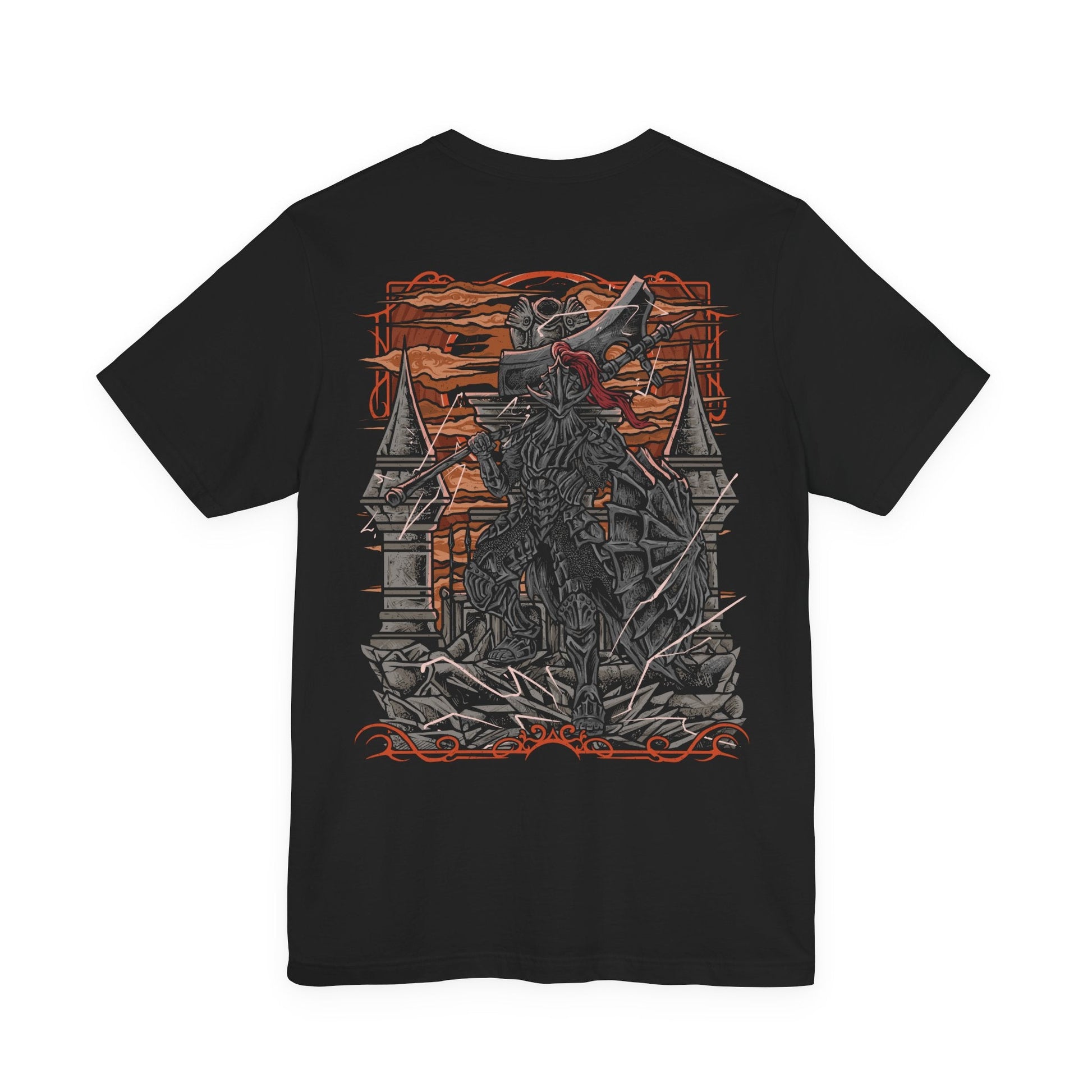 Image 5 of a T-Shirt artwork depicting the Dragonslayer Armour advancing across the bridge before the Grand Archives, its ornate golden armor glowing with divine lightning as shattered stone flies beneath each step. Pilgrim Butterflies hover overhead, unleashing dark projectiles across the battlefield. This design reflects the haunting shell of a forgotten warrior, animated to defend Lothric until the very end of the Age of Fire.