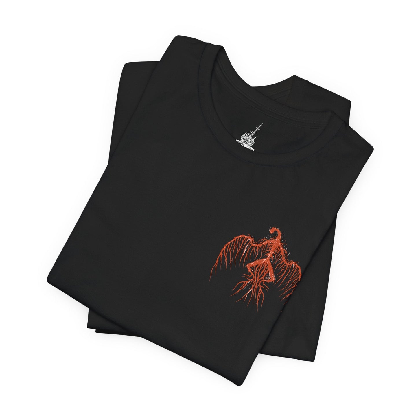 Image 6 of a T-Shirt artwork depicting the Dragonslayer Armour advancing across the bridge before the Grand Archives, its ornate golden armor glowing with divine lightning as shattered stone flies beneath each step. Pilgrim Butterflies hover overhead, unleashing dark projectiles across the battlefield. This design reflects the haunting shell of a forgotten warrior, animated to defend Lothric until the very end of the Age of Fire.