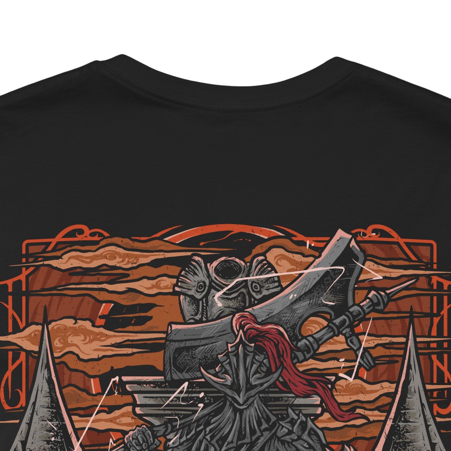 Image 7 of a T-Shirt artwork depicting the Dragonslayer Armour advancing across the bridge before the Grand Archives, its ornate golden armor glowing with divine lightning as shattered stone flies beneath each step. Pilgrim Butterflies hover overhead, unleashing dark projectiles across the battlefield. This design reflects the haunting shell of a forgotten warrior, animated to defend Lothric until the very end of the Age of Fire.