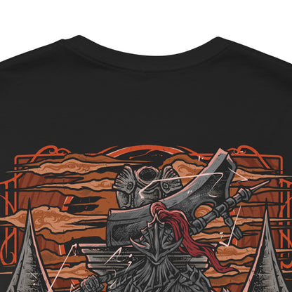 Image 7 of a T-Shirt artwork depicting the Dragonslayer Armour advancing across the bridge before the Grand Archives, its ornate golden armor glowing with divine lightning as shattered stone flies beneath each step. Pilgrim Butterflies hover overhead, unleashing dark projectiles across the battlefield. This design reflects the haunting shell of a forgotten warrior, animated to defend Lothric until the very end of the Age of Fire.