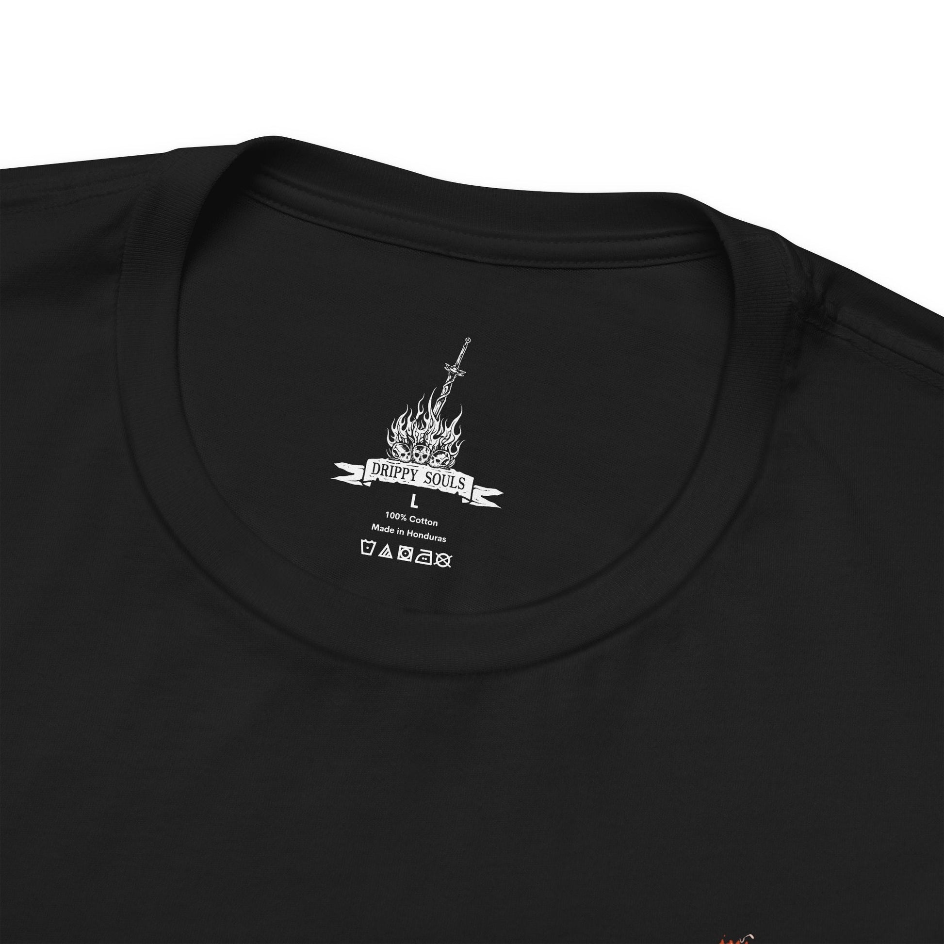 Folded T-Shirt artwork depicting the Dragonslayer Armour advancing across the bridge before the Grand Archives, its ornate golden armor glowing with divine lightning as shattered stone flies beneath each step. Pilgrim Butterflies hover overhead, unleashing dark projectiles across the battlefield. This design reflects the haunting shell of a forgotten warrior, animated to defend Lothric until the very end of the Age of Fire.