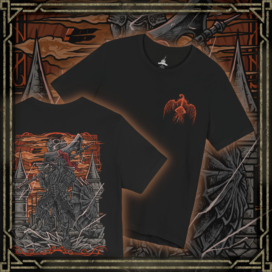 Thumbnail of a T-Shirt artwork depicting the Dragonslayer Armour advancing across the bridge before the Grand Archives, its ornate golden armor glowing with divine lightning as shattered stone flies beneath each step. Pilgrim Butterflies hover overhead, unleashing dark projectiles across the battlefield. This design reflects the haunting shell of a forgotten warrior, animated to defend Lothric until the very end of the Age of Fire.