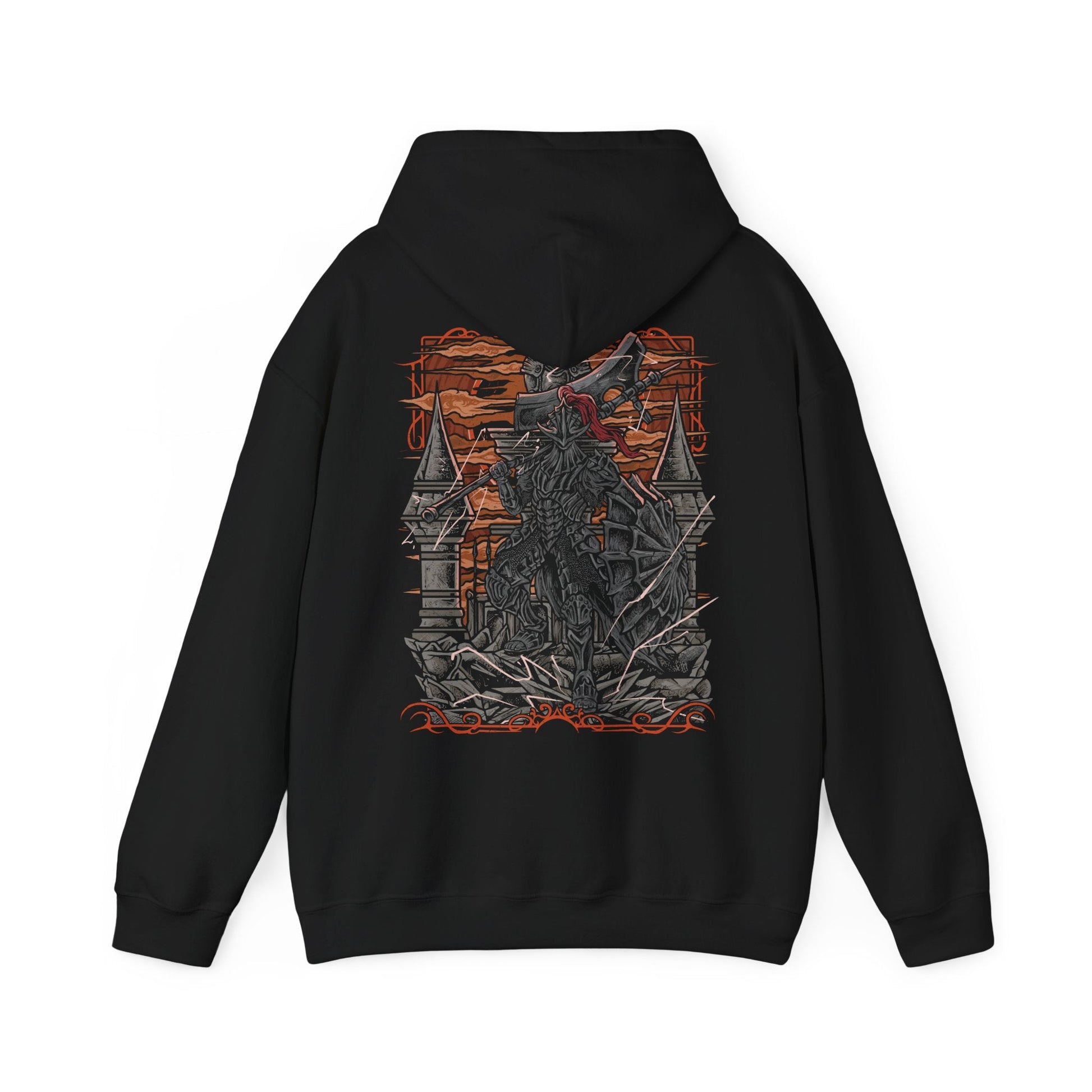 Image 5 of a Hooded Sweatshirt of the Dragonslayer Armour raising its colossal greataxe amid a raging storm outside Lothric Castle, lightning illuminating every detail of its magnificent armor and massive shield. Gothic towers loom in the background while spectral Pilgrim Butterflies circle above. The composition emphasizes overwhelming power, unwavering guardianship, and the unforgettable battle against one of Dark Souls III's most iconic armored foes.