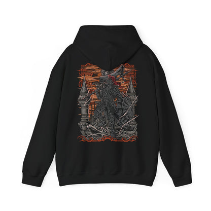 Image 5 of a Hooded Sweatshirt of the Dragonslayer Armour raising its colossal greataxe amid a raging storm outside Lothric Castle, lightning illuminating every detail of its magnificent armor and massive shield. Gothic towers loom in the background while spectral Pilgrim Butterflies circle above. The composition emphasizes overwhelming power, unwavering guardianship, and the unforgettable battle against one of Dark Souls III's most iconic armored foes.