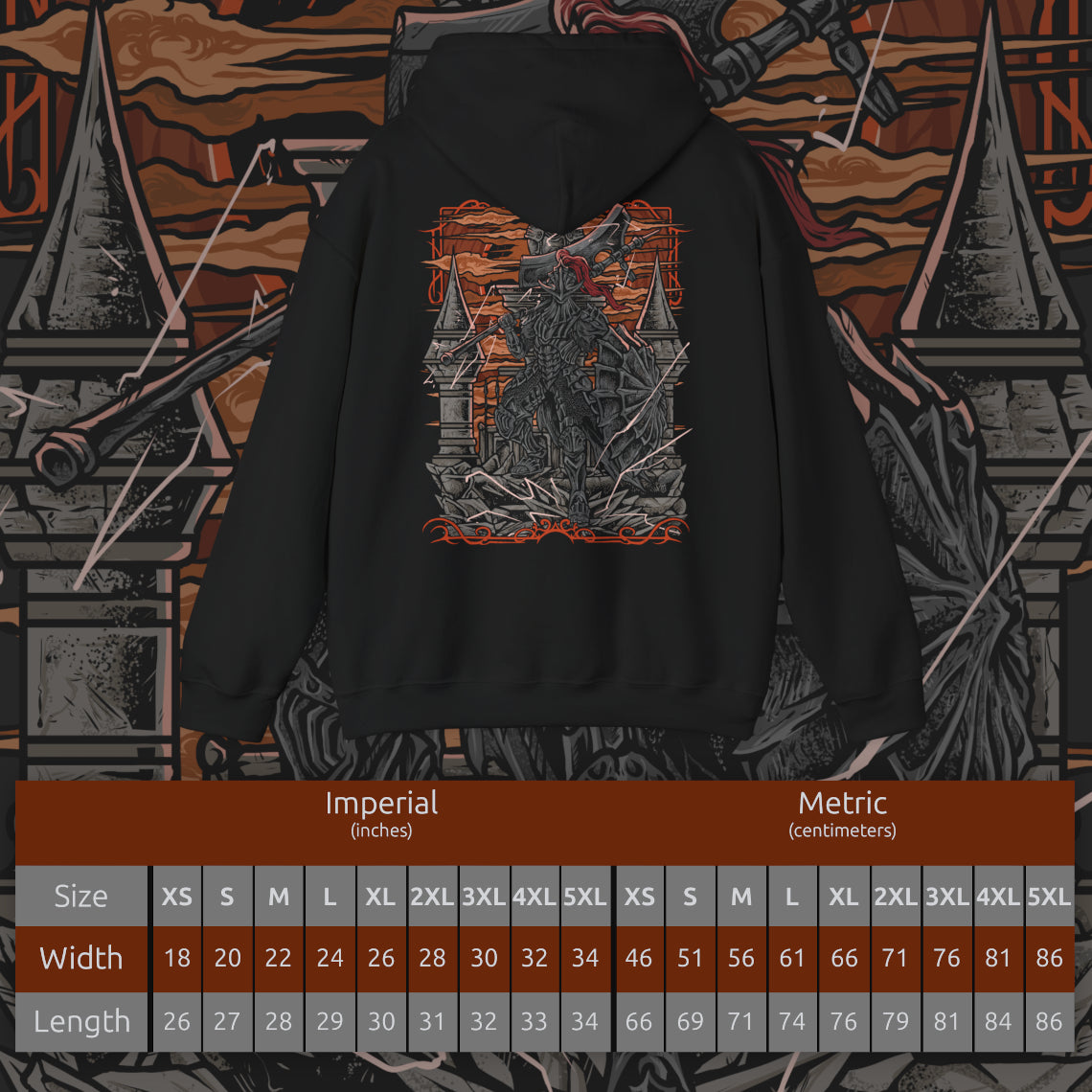 Size chart of a Hooded Sweatshirt of the Dragonslayer Armour raising its colossal greataxe amid a raging storm outside Lothric Castle, lightning illuminating every detail of its magnificent armor and massive shield. Gothic towers loom in the background while spectral Pilgrim Butterflies circle above. The composition emphasizes overwhelming power, unwavering guardianship, and the unforgettable battle against one of Dark Souls III's most iconic armored foes.