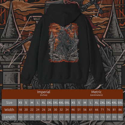 Size chart of a Hooded Sweatshirt of the Dragonslayer Armour raising its colossal greataxe amid a raging storm outside Lothric Castle, lightning illuminating every detail of its magnificent armor and massive shield. Gothic towers loom in the background while spectral Pilgrim Butterflies circle above. The composition emphasizes overwhelming power, unwavering guardianship, and the unforgettable battle against one of Dark Souls III's most iconic armored foes.