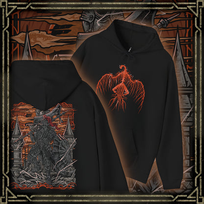 Thumbnail of a Hooded Sweatshirt of the Dragonslayer Armour raising its colossal greataxe amid a raging storm outside Lothric Castle, lightning illuminating every detail of its magnificent armor and massive shield. Gothic towers loom in the background while spectral Pilgrim Butterflies circle above. The composition emphasizes overwhelming power, unwavering guardianship, and the unforgettable battle against one of Dark Souls III's most iconic armored foes.