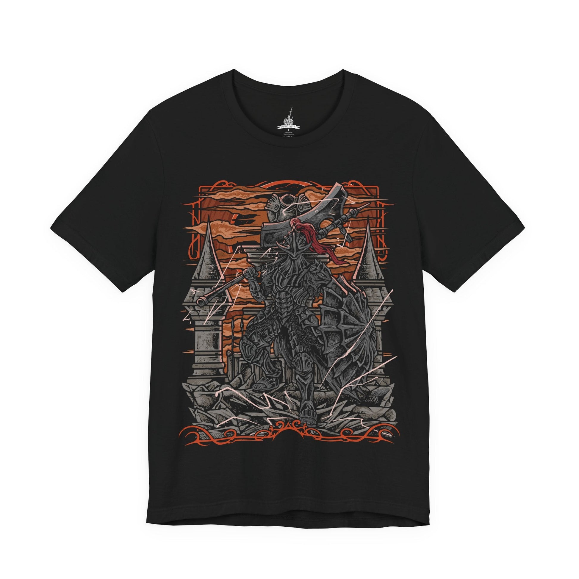 Image 4 of a T-Shirt design of the Dragonslayer Armour from Dark Souls III, standing atop the Grand Archives bridge as thunderclouds gather above Lothric Castle. Its massive greataxe and towering greatshield crackle with lightning while Pilgrim Butterflies drift through the storm-dark sky. The design captures the imposing guardian's unwavering duty, immense strength, and the legendary power once devoted to hunting dragons.